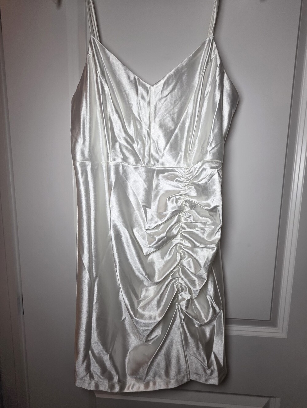 Satin Ruched Slip Dress in White